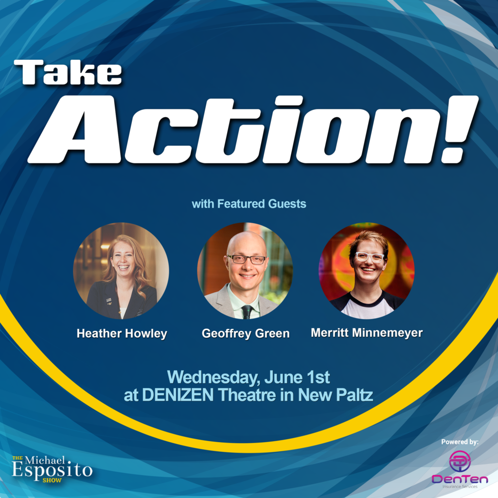 Take action event graphic with headshots of panelists