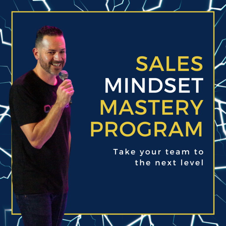 Sales Mindset Mastery Program graphic with Michael Esposito speaking with a mic and lightning border including the text Take your team to the next level